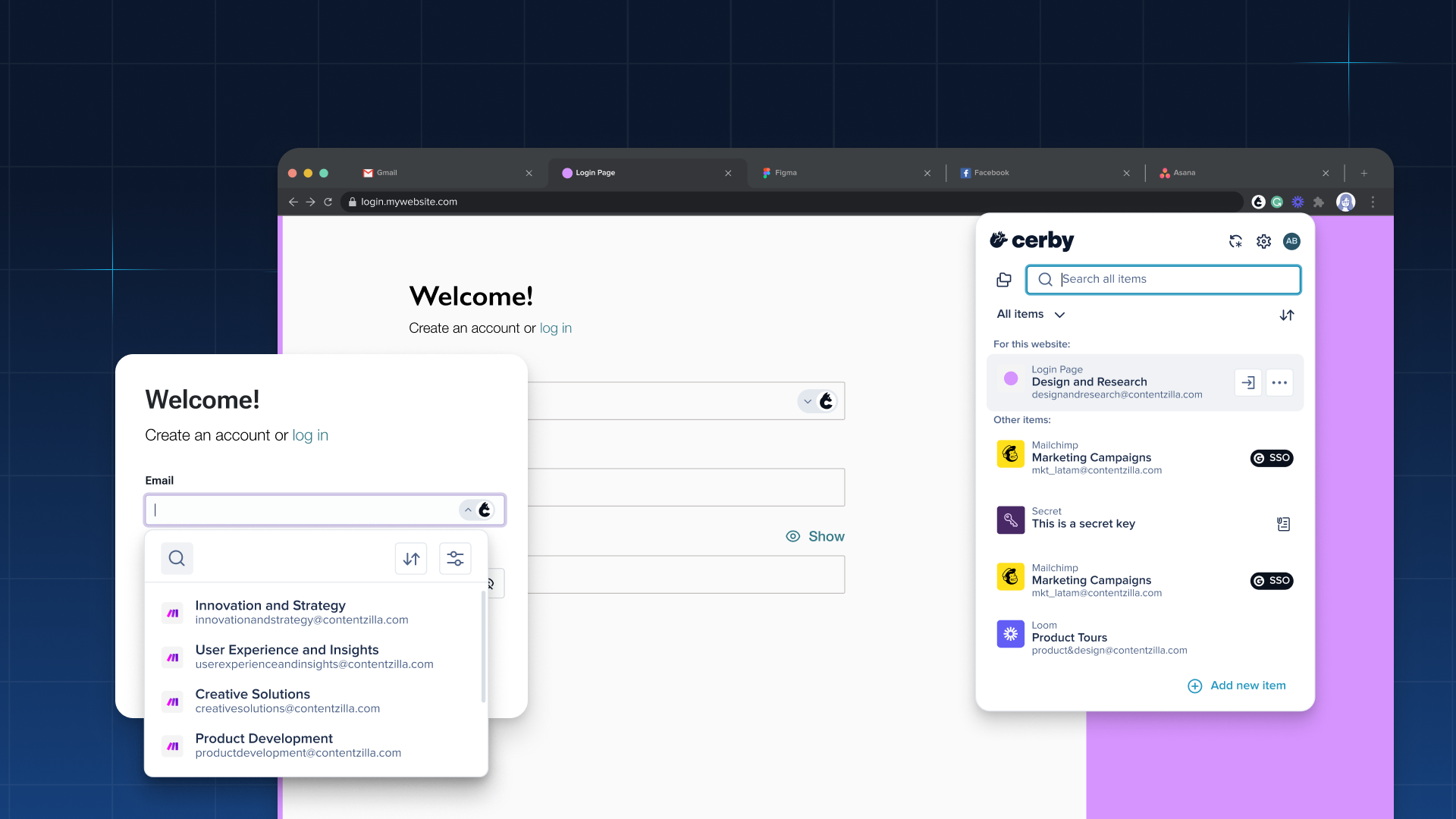 Screenshot of the Cerby browser extension popup. A list of account cards is displayed.